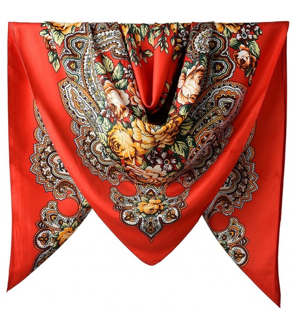 100% Silk Vintage Elegant 40 Inches Female Twill Square Scarf - Cg Red Totem Flowers Pattern - CW188XS7E9G