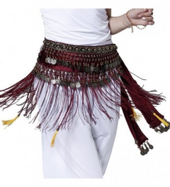 Pilot-trade Belly Dance Tribe Style Belt Tassel Hip Scarfs Velvet Waist - Rose Red - CS11TXPU4IX