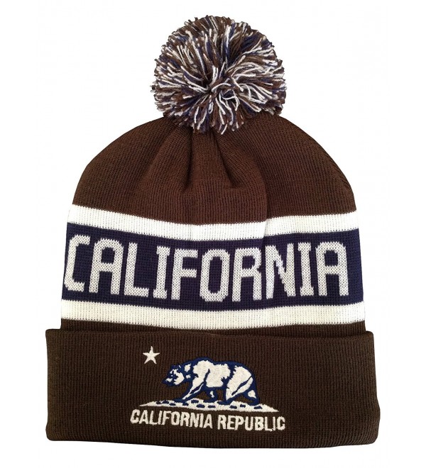 Great Cities Apparel California Republic Embroidered Knitted Long Cuffed Pom Beanie - Brown - C8129KSLLUH