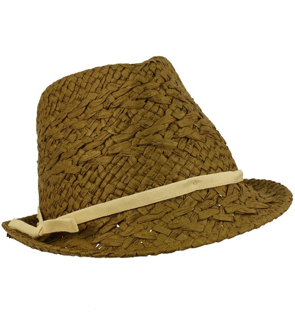 Ladies Teens Beach Summer Light Weight Ribbon Bow Vent Fedora Sun Cap Hat - Brown - CT118JZ0ELF