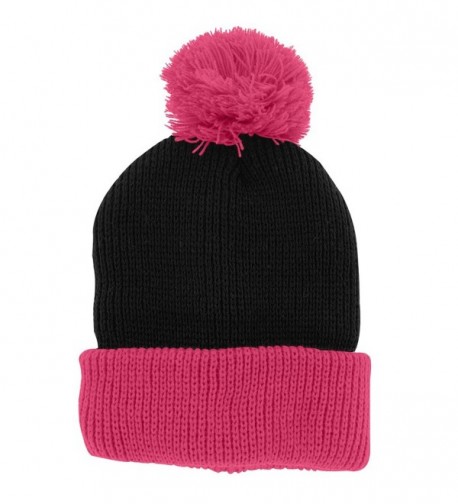 Two Tone Pom Pom Snow Winter Beanie Cap (45+ Colors) - Black Pink - CC11SRVP4LL