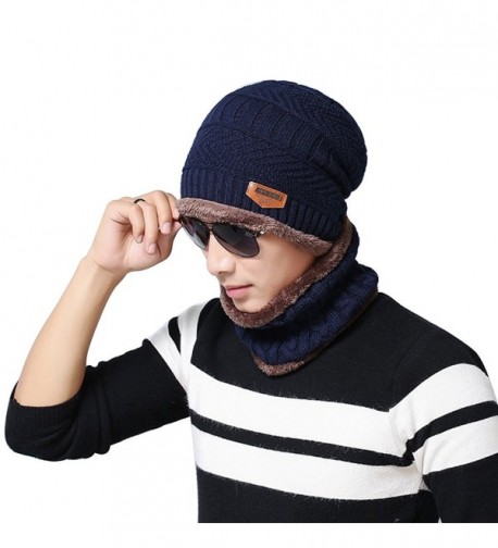 potato001 Fashion Beanie Men Winter Warm Faux Fur Lined Baggy Hat Neckerchief Scarf Cap - Navy Blue - CM186REY0NU