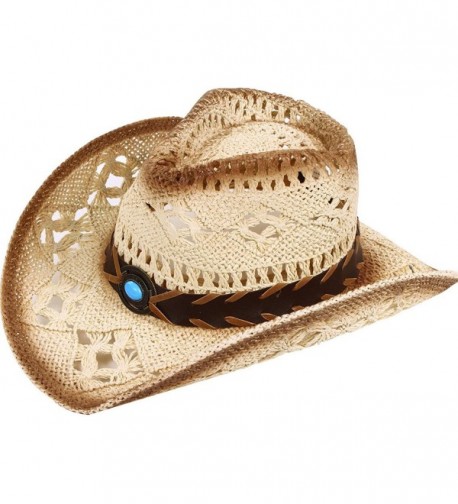 EPGU Men/Women's Summer Classic Western Straw Cowboy Hat - Blue Bead Emblem - C3184T3TZ5T