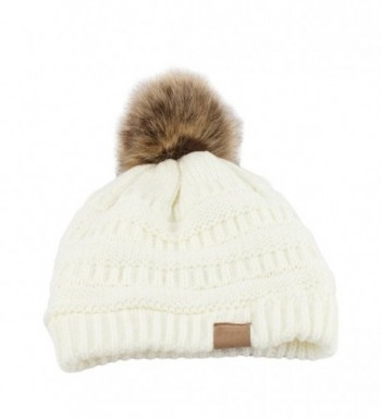 Academyus Fashion Women Faux Fur Pom Pom Beanie Cap Winter Outdoor Warm Woolen Yard Hat - White - CJ187LYZ6U9