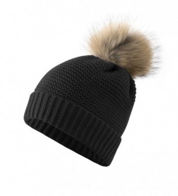 Women's Winter Thick Knit Fur Pom Pom Beanie Hats - Black - CT186G3U7Z4