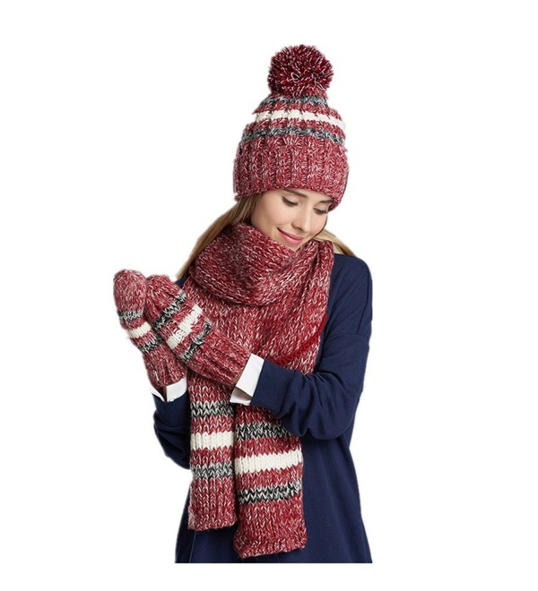 Women Fashion Hat gloves scarf set Winter Warm Knitted Scarf and Hat Set Skullcaps - Red - C812N0JZUOA