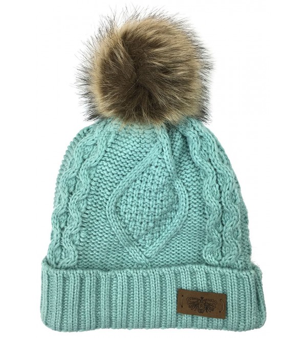 Plum Feathers Soft Thick Faux Fur Pom Pom Fleece Lined Skull Cap Cuff Beanie - Mint Cable - CY1805DCD87