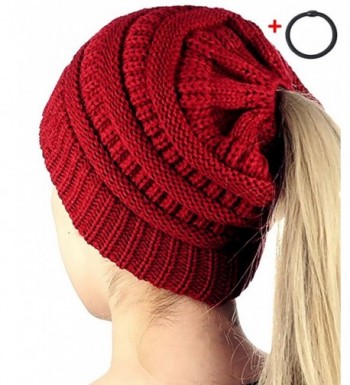 Amandir Womens Ponytail Messy Bun Beanie Hats- Soft Stretch Cable Knit Hat - CC Style - Burgundy - CR1895X50RC