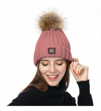 JULY SHEEP Womens Girls Winter Knitted Beanie Hat Real Large Raccoon Fur Pom Pom Bobble Hats - Pink - C3183NAK44Z