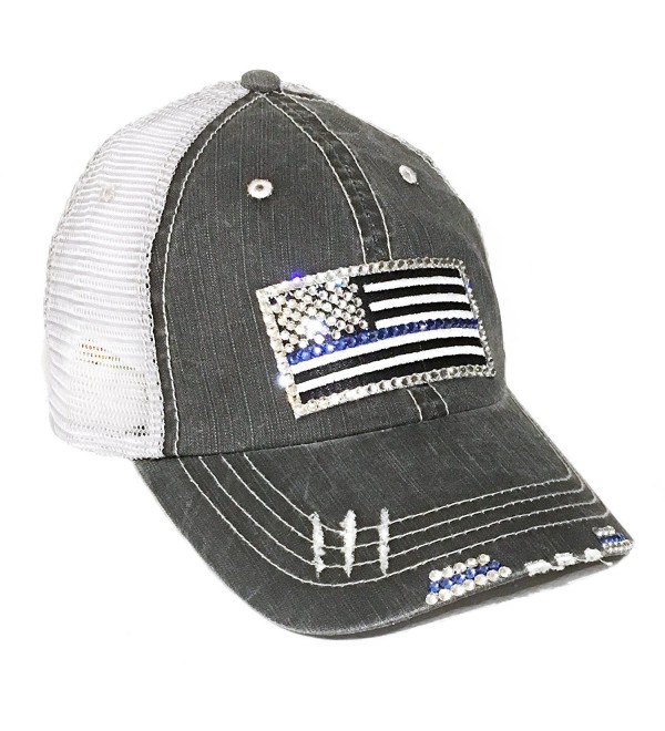 Thin Blue Line Flag Bling Baseball Cap Distressed Trucker Swarovski - Gray Denim Trucker - CQ12IJXV41P