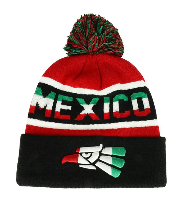 Trendy Apparel Shop Hecho EN Mexico Cara Cara Eagle Embroidered Cuff Pom Beanie - Red Black - C2188W2Q0Z3