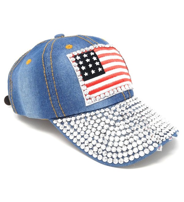 USA Washed Denim Baseball Hat- Rhinestone Studded American Flag Adjustable Cap - Light Wash - CU122K4AEZZ