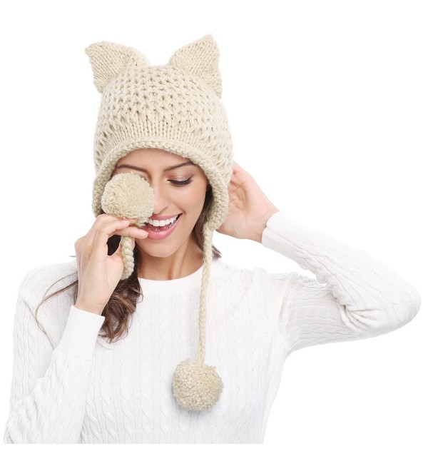 Bellady Winter Cute Cat Ears Knit Hat Ear Flap Crochet Beanie Hat - Beige - CX185RLQ0MA