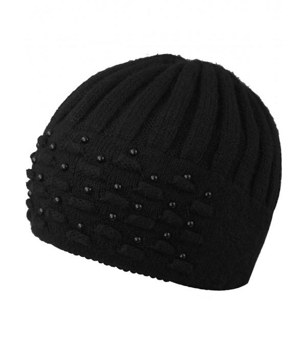 Dahlia Women's Angora Blend Beanie Hat - Dual Layer Pearl Accent Edge - Black - C912N1M0EU9