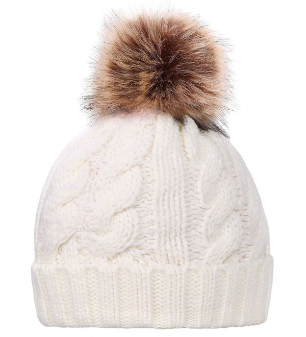 Simplicity Womens Winter Hand Knit Faux Fur Pompoms Beanie Hat - Single-white - C812BYRSB8R