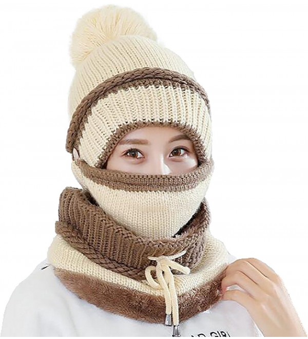 Ababalaya Women's Warm Fleece Pom Hat & Removable Windproof Mask & Neck Scarf Sets - Beige - C7188KA5CSD