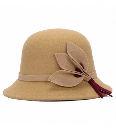 MIOIM Women Vintage Felt Round Cloche Hat Flower Bow Fedora Bowler Caps - Khaki - CI12KB8I261