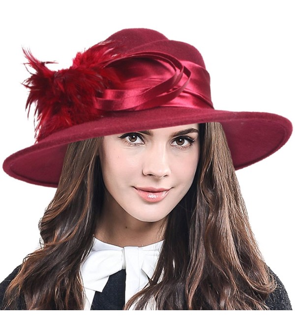 Women 100% Wool Dress Church Winter Wedding Party Fedoras Hat - Feather-claret - CQ186UDTD7C