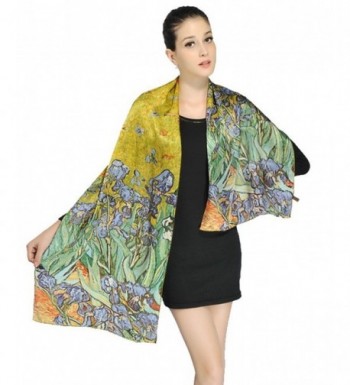 Women Luxurious Charmeuse Silk Van Gogh's "Irises" Beautiful Long Scarf - Yellow - C7122F056NF