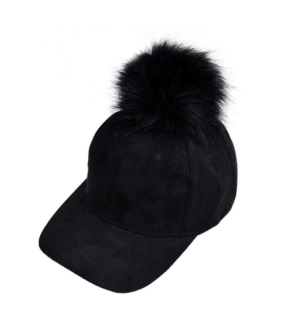 Lonsbo Women Winter Raccoon Fur Ball Cap Hip Hop Fashion Casual Baseball Hat - Black - C412NSAN2XR