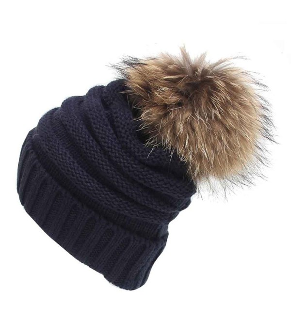 DDLBiz Women Girls Knitting Slouchy Hat Winter Warm Pom Pom Hat Beanie Cap - Navy - CQ12NERPMIX