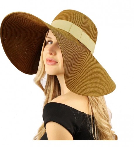 50+ UPF Ribbon Beach Summer Braid Xtra Wide 5-3/4" Brim Floppy Sun Hat Cap - Brown - CC118JMH33P