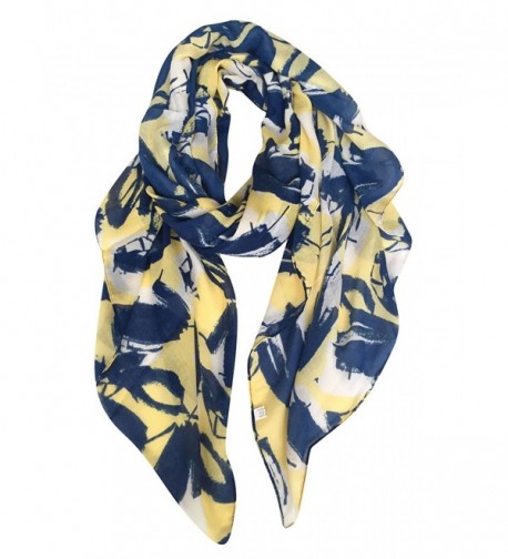 GERINLY Womens Scarves: Leaves Flower Print Soft Cozy Wrap Shawl - Yellow Blue - CJ187WO4KH5