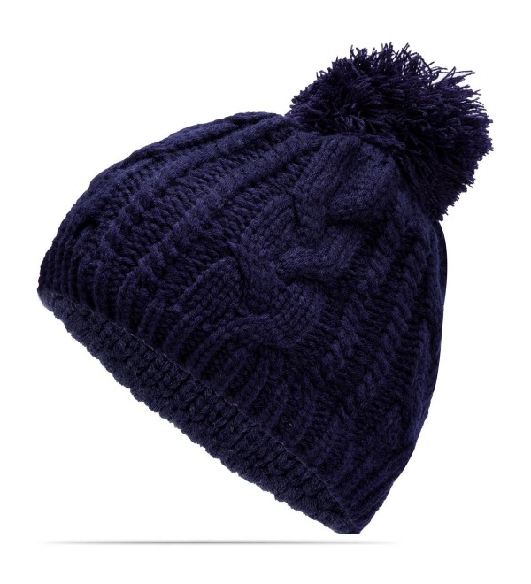 Nine City Unisex Knitted Beanie With Pom and Fleece Lining Skull Cap (Navy) - CL12N4ZLQZQ