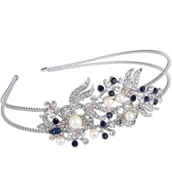 EVER FAITH Austrian Crystal Cream Simulated Pearl Flower Leaf Hair Head Band Silver-Tone - Blue - CH1224JT2Z5