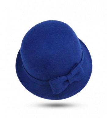 JOOWEN Women's 100% Wool Felt Round Top Cloche Hat Fedoras Trilby with Bow Band - Royal Blue - CH12NU43EP1