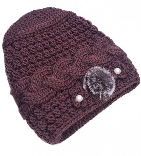 THENICE Women's Mother elderly Winter Skull Cap Fur Flowers velvet Knit Hat - Brown - C612N69RIV2