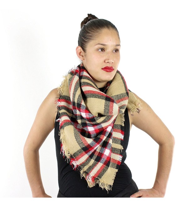 Designer Style Plaid Scarf with Raw Edge - Thick Blanket Khaki - C8129497O7L