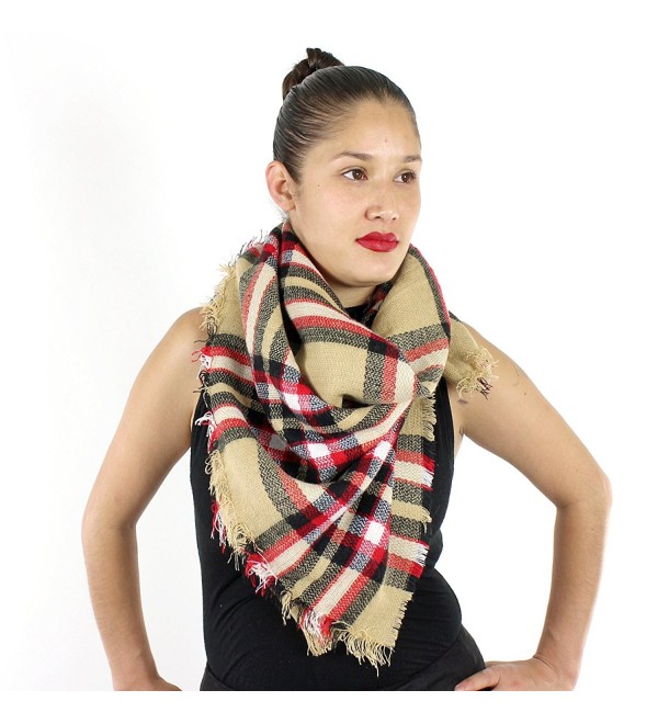 Designer Style Plaid Scarf with Raw Edge Thick Blanket Khaki C8129497O7L