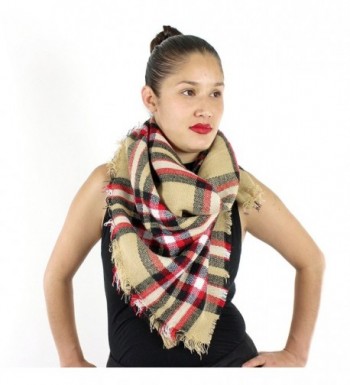 Designer Style Plaid Scarf with Raw Edge - Thick Blanket Khaki - C8129497O7L