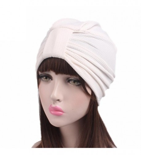 Qingfan Women Solid Pre Tied Yoga Cancer Chemo Hat Beanie Turban Stretch Head Wrap Cap - White - CJ185A3TT0E