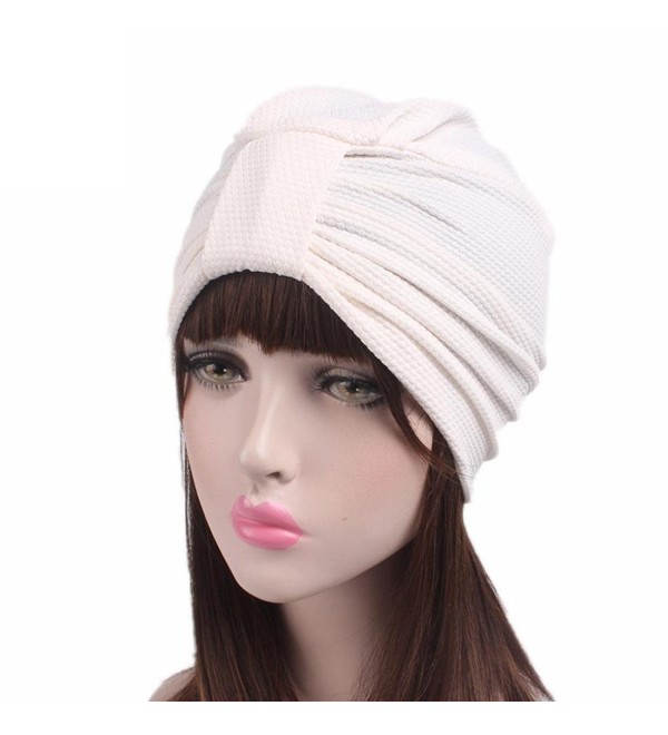 Qingfan Women Solid Pre Tied Yoga Cancer Chemo Hat Beanie Turban Stretch Head Wrap Cap - White - CJ185A3TT0E