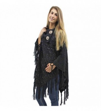 Black Cable Knit Turtleneck Poncho With Sequins & Long Fringe - CR127O66IP5