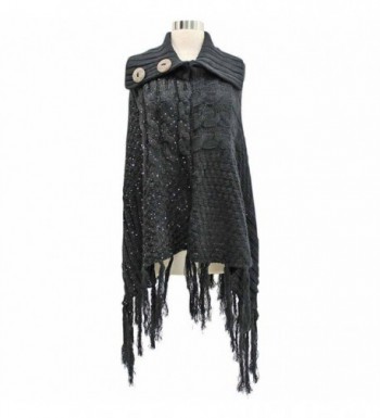 Black Turtleneck Poncho Sequins Fringe in Wraps & Pashminas