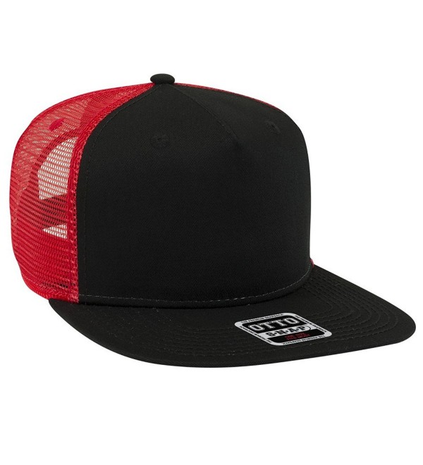 Otto Square Flat Visor Otto Snap 5 Panel Mesh Back Trucker Snapback Hat - Blk/Blk/Red - C912NTYH4L8