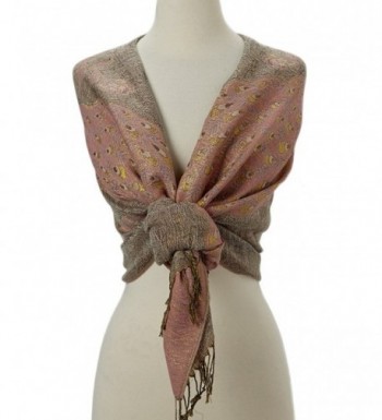 Tan's Double Layered Gold Thread Reversible Peacock Pashmina Scarf Shawl Wrap - Baby Pink & Taupe - C512MY79LGC