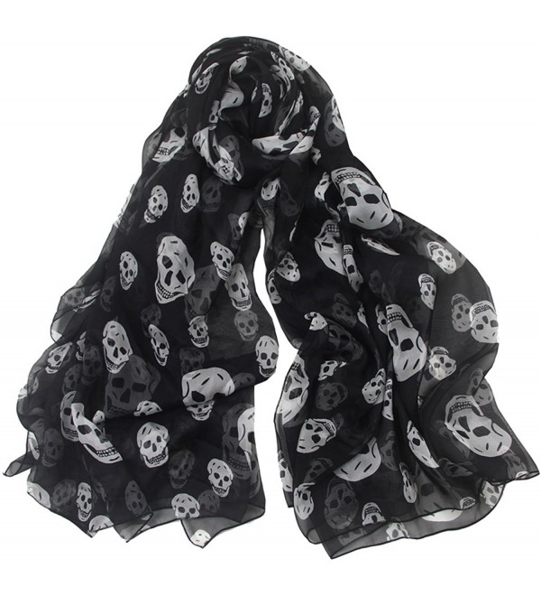 Aoli's Fashion Women's Solid Color Soft Long Oversized Mulberry Silk Wedding Scarf Wrap - Black Skull - C81880964AK