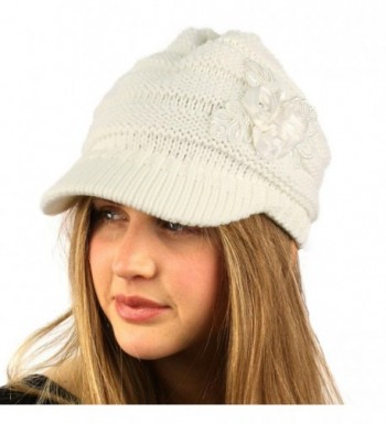 Winter Thick Floral Chunky Stretchy Knit Beanie Skully Visor Jeep Hat Cap - Ivory - CT1274HBCG9