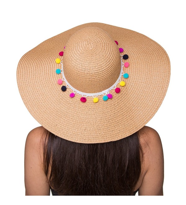 The Chic Soul Pom Pom Multi-Color Floppy Sun Straw Beach Hat - Beige - CI182KAA7T7