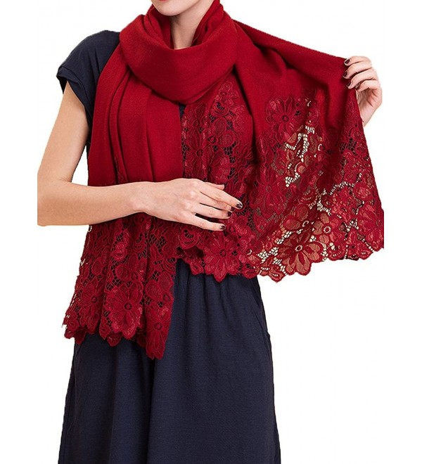 TLIH Women's 100% Wool Lace Splicing Embroidered Scarf Wrap Party Shawl - Red - CI12O7U1N5T
