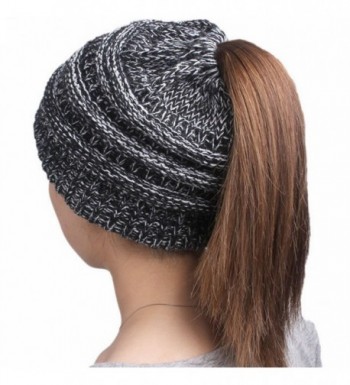 Mellons Women's Ponytail Beanie Hat Winter Stretch Chunky Knit Cap New Year Valentine's Gift - Black White - CU1884MKH03