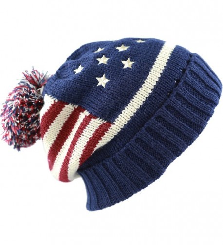 The Hat Depot 900 American Flag Thick Knit Beanie with Pom Pom Winter Hat -1Color - Navy-red - CX17YH6RE9L