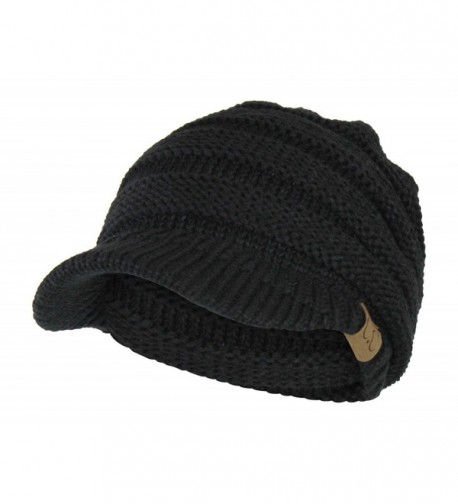 Warm Cable Ribbed Knit Beanie Hat w/ Visor Brim - Chunky Winter Skully Cap - Black - CH12N1IZDO5
