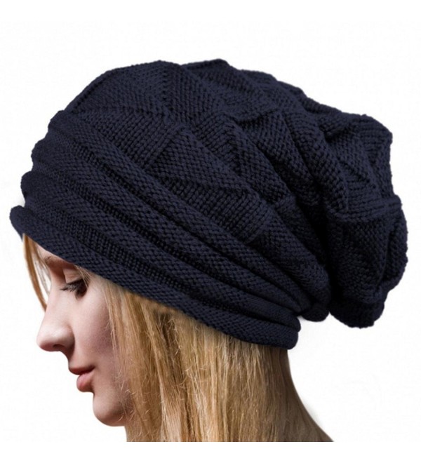 AutumnFall Women's Winter Beanie Knit Crochet Ski Hat Oversized Cap Hat Warm (Navy - Polar Fleece Lining) - CV12O7CFNHS