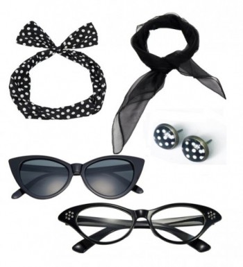 50's Costume Accessories Set Chiffon Scarf Cat Eye Glasses Bandana Tie Headband and Earrings - CC184T4HTCR