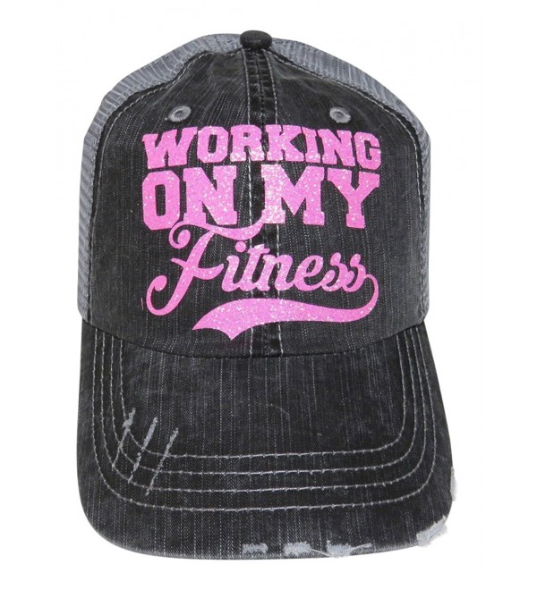 Glitter "Working On My Fitness" Distressed Look Grey Trucker Cap - Neon Pink Glitter - C912II9ICN3